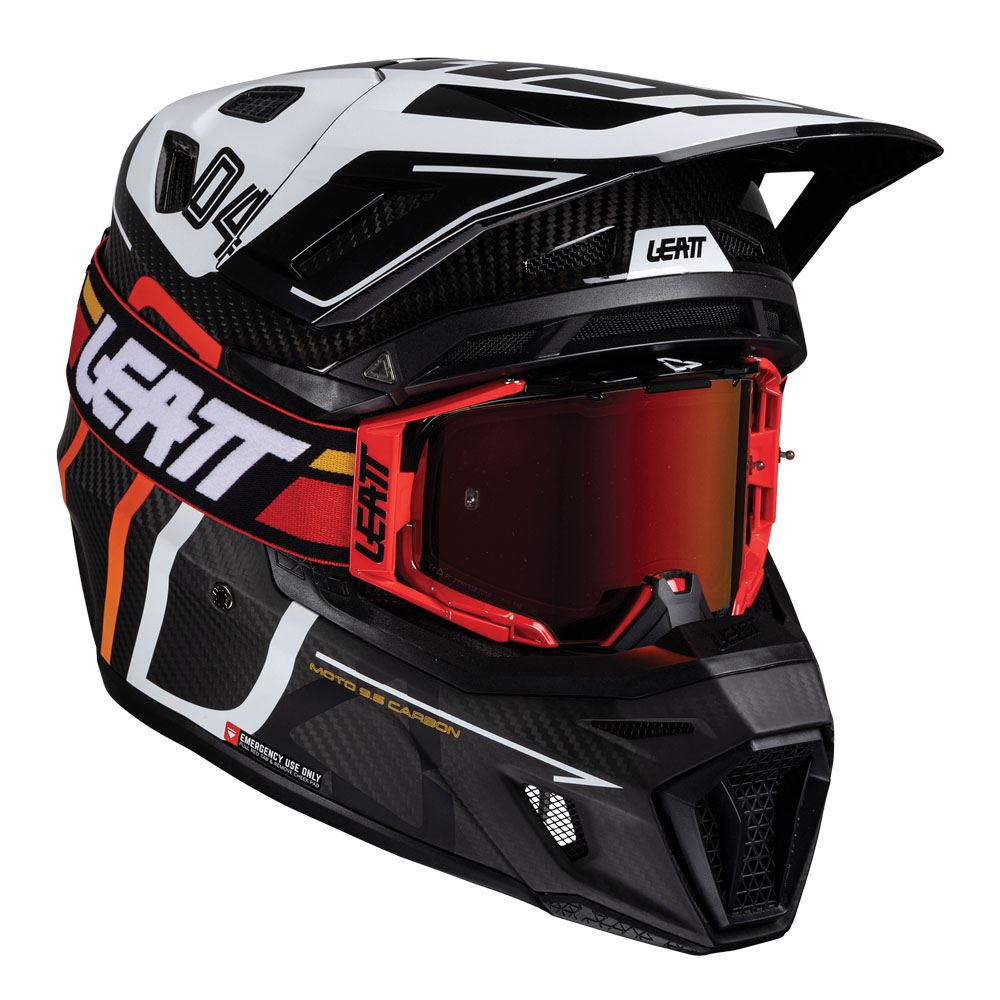 Leatt 2025 Motocross Helmet V25 9.5 Carbon White With 6.5 Iriz Goggles
